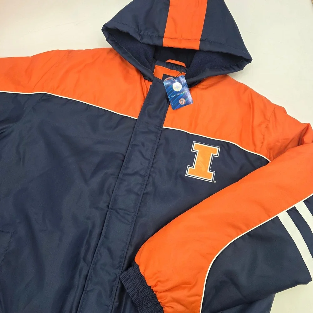 VINTAGE 90S ILLINOIS FIGHTING ILLINI PUFFER JACKET MENS LARGE BLUE ORANGE NEW!!